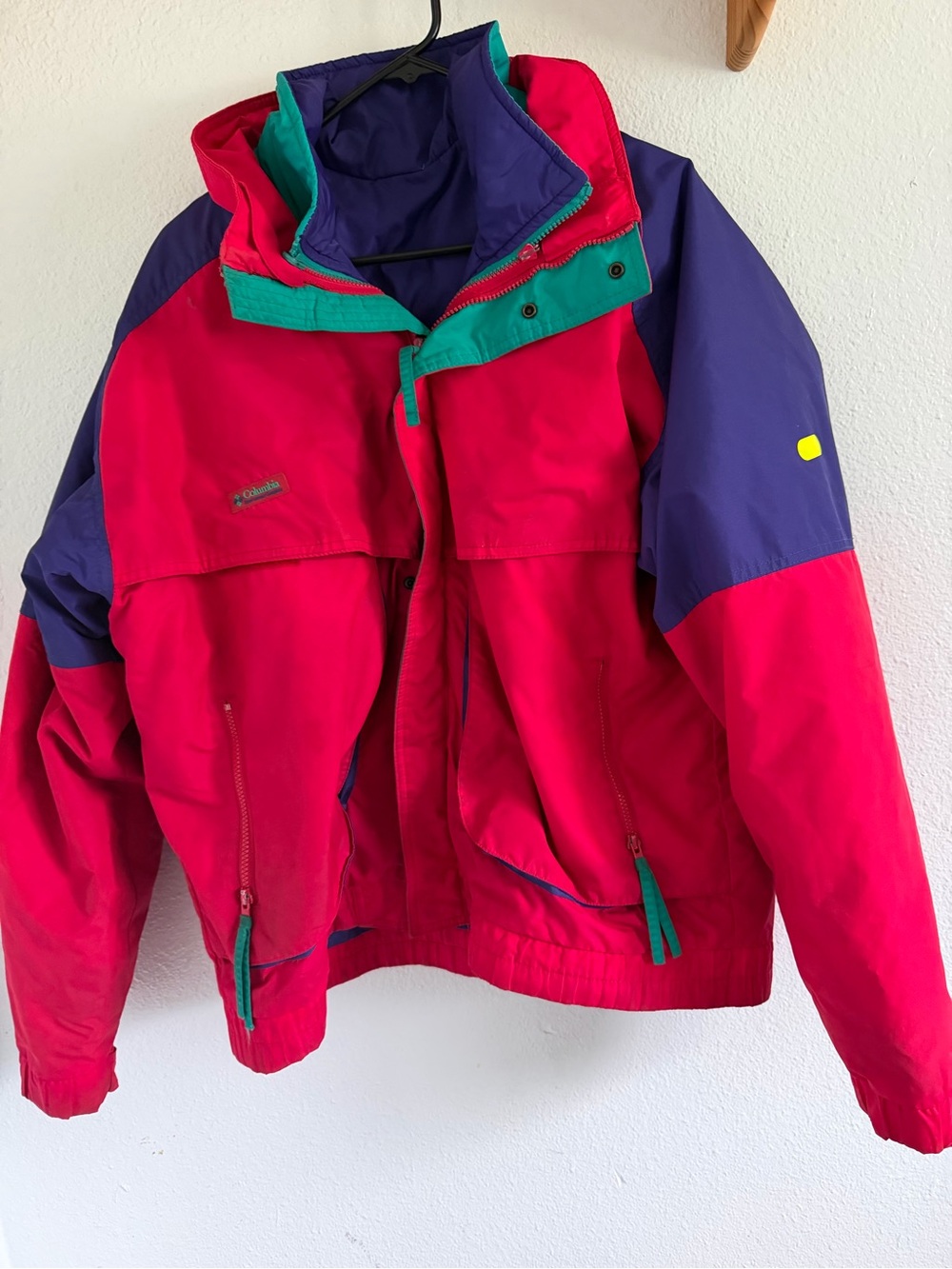 Columbia womens Colorblock Hot Pink & Purple Rain Jacket with Teal Triim